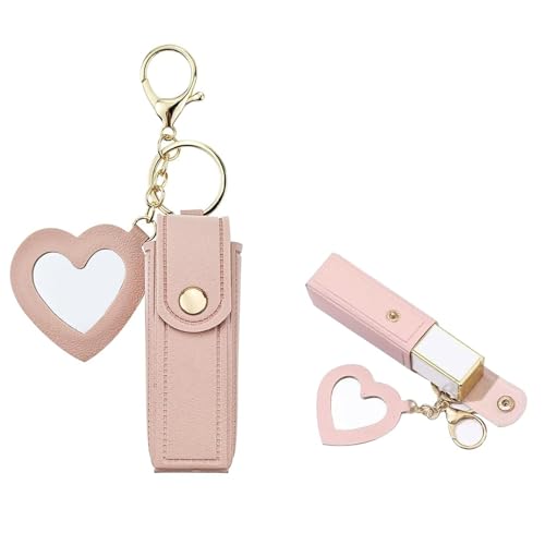MAYCREATE Lipstick Holder Keychain, PU Lipstick Case Holder Key Chain with Heart Shape Mirror, Portable Chapstick Keychains Sleeve, Travel Lip Balm Organizer for Women Girls (Pink) MAYCREATE Lipstick Holder Keychain, PU Lipstick Case Holder Key Chain with Heart Shape Mirror, Portable Chapstick Keychains Sleeve, Travel Lip Balm Organizer for Women Girls (Pink)